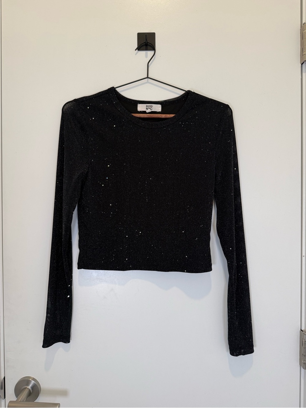 Madden NYC Black Sparkle Mesh Long-Sleeve Fitted Crop Top